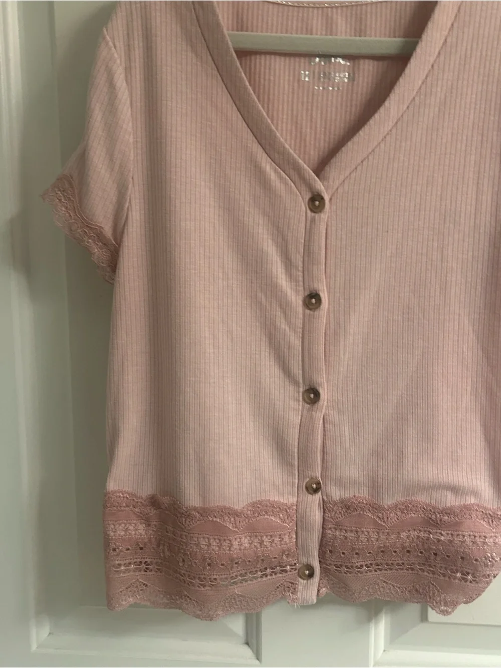 Girls Justice Pink Ribbed Lace-Trim Button-Front Short Sleeve Top